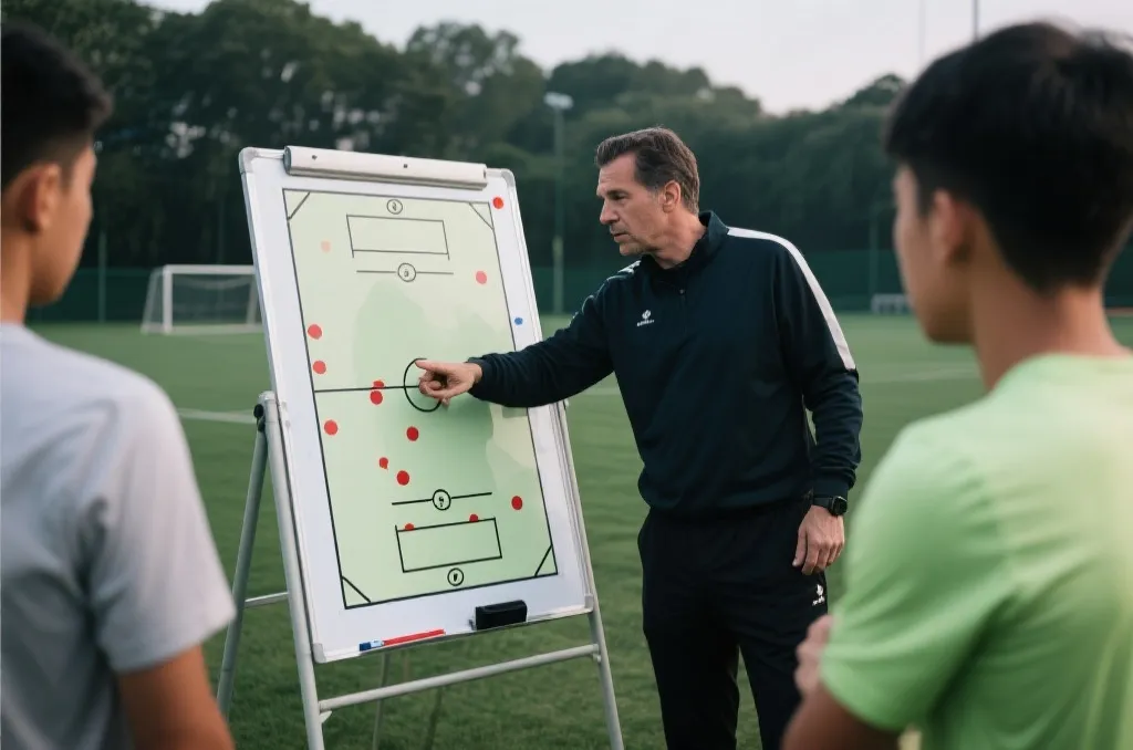 教练与球员在战术板前商讨